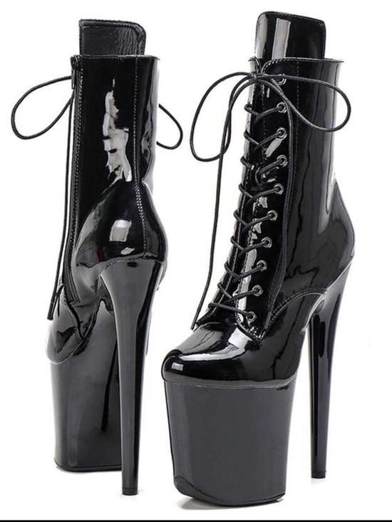Shoes - High-Gloss Black Lace-Up Platform Ankle Boots